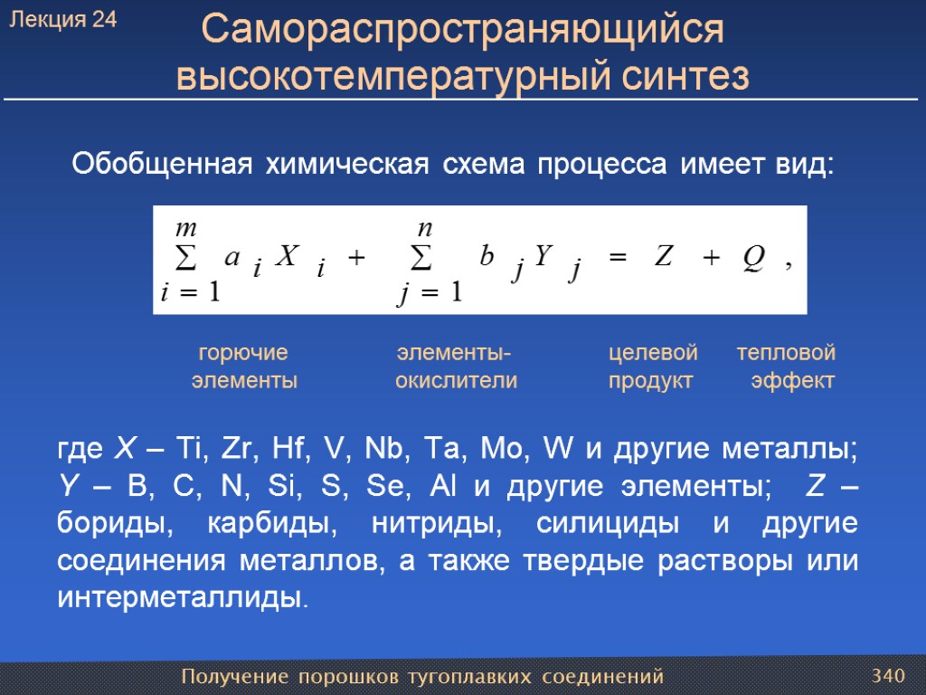 Получение порошков тугоплавких соединений 340 Самораспространяющийся высокотемпературный синтез Обобщенная химическая схема процесса имеет вид: